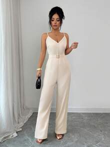 Rafferiza Stylish And Elegant Suspender Jumpsuit With Metal Buckle Detail At The Waist, Apricot Wide-Leg Pants, Women's Spring And Summer Elegant Jumpsuit, Women's Summer Outfit, Women's Casual Wear, Women's Apricot Jumpsuit Summer Clothing - Apricot - View 3