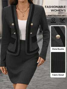 Editum Women's Elegant 2 Pieces Set: Long Sleeve Jacket With Metal Buttons And Bodycon Mini Skirt, Autumn - Multicolor - View 4
