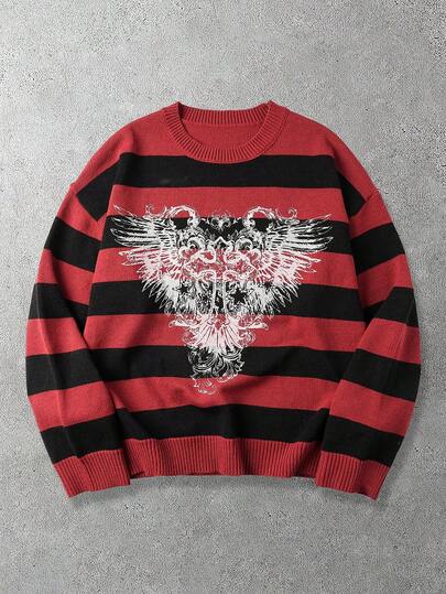 Street Life Suéter holgado de estilo casual y urbano con patrón de cruz y alas, bloques de color y rayas, para otoño/invierno