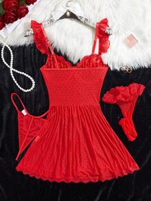 4pcs Set: Lace Contrast Mesh Polka Dot Tie-Up Babydoll Lingerie Dress, G-String, 2pcs Stockings, Sexy Party Outfit For Valentine's Day - Red - View 6