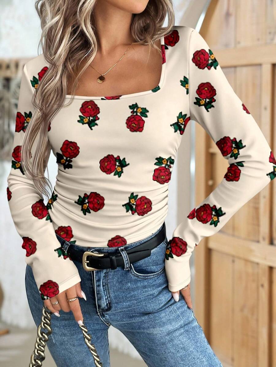 SHEIN LUNE Women's Casual Long Sleeve T-Shirt, Suitable As Autumn/Winter Base Layer Spring Rose Top Women Long Sleeve Tops - Multicolor - View 1