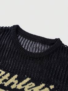 ROMWE MEN Prep Spring/Summer Casual Graphic Men'S Letter & Number Hollow-Out Knit Sweater - Black - View 3