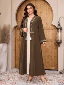 Al Najma Abaya élégante à broderie géométrique pour femmes grandes tailles - Marron - Voir 3