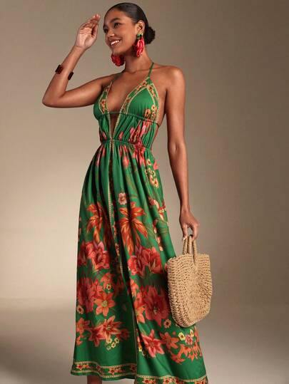 Swim Oasis 2026 New Women's Swimwear Arrival South American Floral Retro Print Chiffon Cover Up For Women For School,Suitable For Holiday, Date, Afternoon Tea, Western, Cruise, Beach, Island, Road Trip, All Seasons, Music Festival, Boho Vacation,Bohemian Vacation, Chill Autumn ,Western Boho ,Elegant Tops For Women Green Floral Dress Women Tropical Dress Resort Dress Hawaii Dress Island Dress Tropical Maxi Dress Long Dress Summer Tropical Dresses Vacation Hawaii Outfits Women Dress Caribbean Outfits For Women