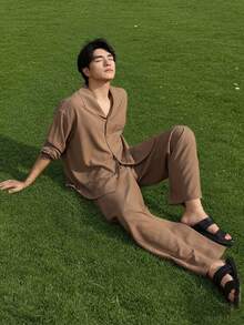 DAZY Textured Fabric Shirt Set, Spring/Autumn - Khaki - View 6