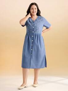 大码纽扣腰短袖优雅女士大码连衣裙 - 藍色 - 查看 5