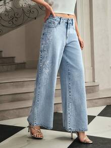 Selenza 女士花卉刺绣口袋阔腿宽松休闲牛仔裤 - 藍色 - 查看 1