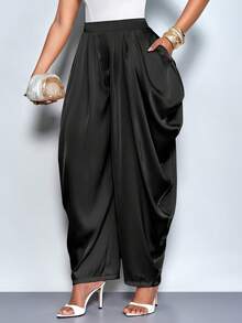 SOLERSUN Women's Elegant Fashion Loose Pleated Pocket Satin Pants, Suitable For Afternoon Tea, Gathering, Fashionable Outing, Dating, Sweet Outing, Night Out, Christmas Party, New Year's Eve, Holiday , Sexy Women's , Club , Suitable For Christmas Party Vacation & Valentine's Day Dating - Black - View 7