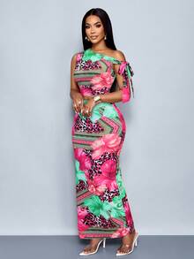 SOLERSUN Bộ đồ nữ đi nghỉ mát gồm áo croptop cổ lệch thắt nơ phía trước và chân váy bút chì in họa tiết da báo và nhiệt đới (Hoa văn ngẫu nhiên) - Màu Hồng Tươi - Xem 5