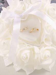 1Pc Heart Shaped Portable Proposal Ring Box With Lace & Flower Trim, Wedding Ring Pillow For Flower Girl,Christmas - White love model - View 4