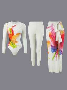 Swim Shayni Conjunto de biquíni feminino de uma peça com estampa floral, cor sólida, calcinha longa com amarração frontal e saia de banho estampada. Conjunto de duas peças para primavera/verão. Conjunto feminino multicolorido para ioga no verão. Conjunto de biquíni feminino de 3 peças. Conjunto feminino de 2 peças. Calça. - Multicolorido - Ver 5