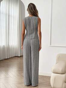 Easowa 两件套亚麻质感休闲宽松优雅通勤套装 - 圆领纽扣前开襟马甲衬衫和阔腿直筒裤，春夏女装 - 灰色 - 查看 8