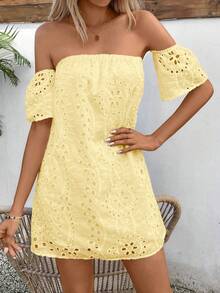 Glamine Women's Summer Solid Color Open Shoulder Dress With Hollowed-Out Embroidered Pattern Mini Short Vacation Beach Outfit - Yellow - View 4