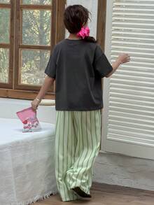 DAZY 2pcs Kids Girls Crew Neck Printed Short Sleeve T-Shirt + Striped Pants Casual Outfit Set - Dark Grey - View 3