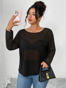 Elenzga 大码女式竹编网纱拼接蕾丝圆领长袖扭结露背镂空双面穿衬衫，优雅适合外出、约会、派对、度假、防晒 - 黑色 - 查看 6