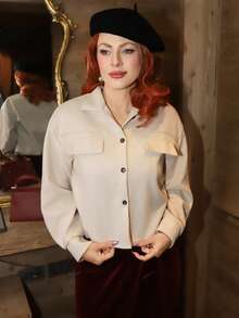 Gretanique 秋冬款翻盖口袋落肩纽扣前开襟大衣 - 杏色 - 查看 4