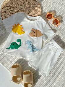 SHEIN 2pcs Baby Boy/Girl 3D Dinosaur Print T-Shirt And Shorts Cute Outfit Set