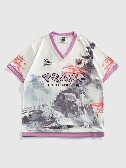 Camiseta de manga corta deportiva con cuello en V y estampado artístico retro para hombres