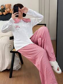 DAZY 2pcs Women Cartoon Cat Plaid Patchwork Peter Pan Collar Cardigan Long Sleeve Top And Loose Pants Pajama Set - White - View 7