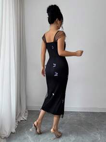 Elenzga Springtime Butterfly Mesh Double-Layer Knit Bodycon Sleeveless Dress, Strapless Waist-Cinching Slimming Fit, Elegant French Chic Vacation Sexy Romantic Feminine Design - Black - View 2