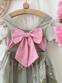 SHEIN LMoss Kids 女童方领泡泡袖刺绣网纱连衣裙 - 彩色 - 查看 6