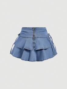 SHEIN MOD Women's Denim Skirt With Drawstring Waist And Layered Ruffle Hem, Fashionable - Blue - View 2