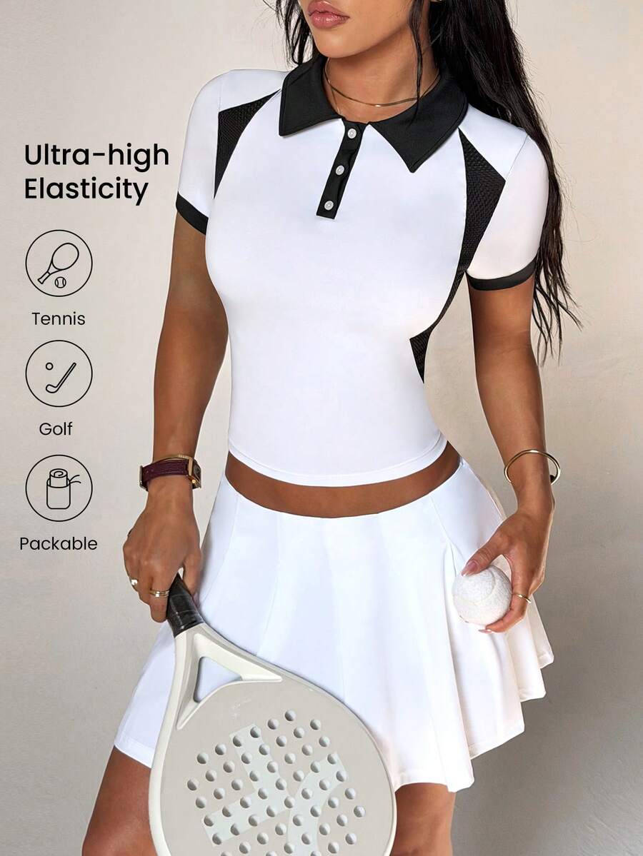 With My Calm 女士撞色拼接短袖马术上衣 - 黑與白 - 查看 1