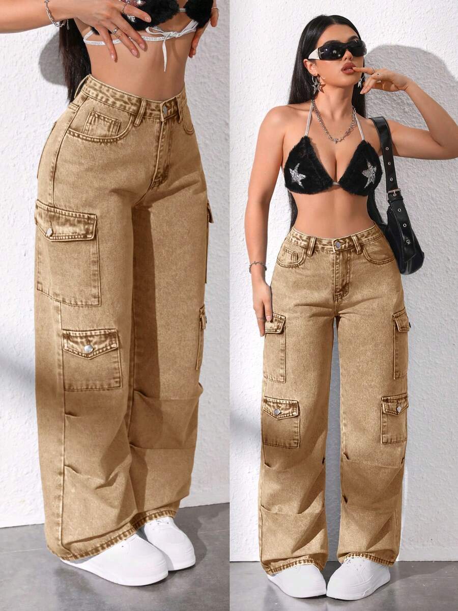 SHEIN Unity 女士休闲水洗直筒工装牛仔裤 - 卡其色 - 查看 1