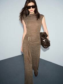 Lumivelle 2pcs Set: Oatmeal Gray Wrap Collar Sleeveless Top + High Waist Wide Leg Pants, Metal Buckle Waist Design, Knit Fabric, Minimalist Chic Style, Soft Gray Tone, Casual Commuter Outfit - Khaki - View 1