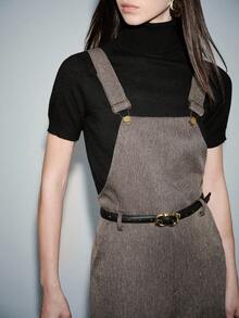 Chiquease Pink And Grey Summer Smart Casual Office Denim Fabric Jacquard Metal Buckle Backless Waist Cinched Minimalist Spring/Summer Women Jumpsuit - Coffee Brown - View 7