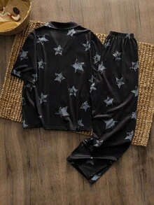 2pcs/Set Teenage Boys' Minimalist Star Print Short Sleeve Top And Pants Comfortable Pajama Set Boys Pajama Set Star Print Pajama Set - Black - View 2