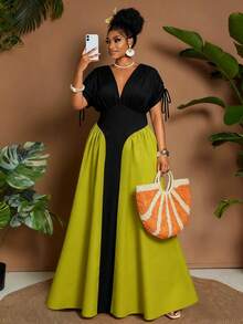 Maweii 大码女式夏季撞色拼接A字连衣裙，休闲度假连衣裙 - 彩色 - 查看 1