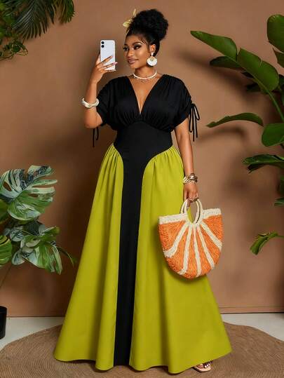 Maweii Plus Size Women's Summer Contrast Color Patchwork Waist A-Line Dress, Casual Vacation