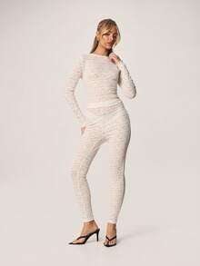 MISSGUIDED Long Sleeve Lace Co Ord Set Fitted Top And Leggings Matching Outfit Fall Winter Evening - White - View 1