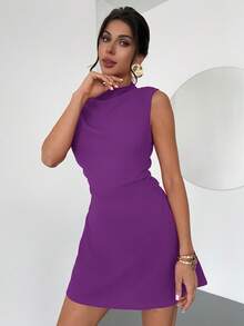 Firerie 女士优雅简约精致浪漫甜美日常通勤婚礼派对音乐节度假褶皱A字迷你连衣裙，红色吊带 - 紫色 - 查看 3