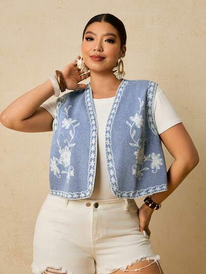 Travachic Plus Size Light Blue Denim Vest With Print, Summer Vacation Casual Style Sleeveless Top