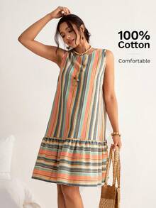 SHEIN LUNE Đầm không tay kẻ sọc nhiều màu sắc dành cho nữ cỡ lớn, trang phục mùa xuân cho nữ, trang phục mùa hè cho nữ, quần áo mùa hè, trang phục lễ Phục sinh cho nữ, trang phục phương Tây cho nữ. - Nhiều màu - Xem 5