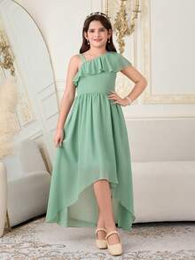 Tween Girl Sage Green Elegant Wedding Flower Girl Dress, Summer Chiffon High Waist Ruffle Shoulder Ruffle Trim Front Short Rear Long Princess Dress - Green - View 4