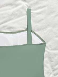 SHEIN Áo tắm liền thân thời trang mới, màu trơn, khoét eo dành cho tuổi teen - xanh quân đội - Xem 5