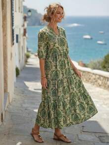 Faunlyn Women's Casual V-Neck Half Sleeve Patchwork Mid-Calf Dress, Spring/Summer - Multicolor - View 4