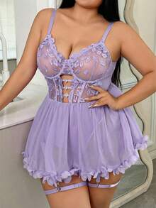 Seduluxe 2 piezas Conjunto de lencería sexy bordada de malla de talla grande - Lila Púrpura - Ver 5