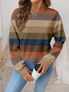SHEIN LUNE Casual Retro Striped Contrast Color Cozy Print Pattern Crew Neck Loose Fit Women Sweatshirt, Comfortable For Spring And Autumn Carnival - Multicolor - View 6