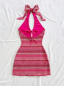 Soleia Trang phục dự tiệc cưới kiểu miền Tây, tiệc tốt nghiệp, lễ Thánh Patrick, kỳ nghỉ xuân, lễ Phục sinh, lễ hội âm nhạc, đầm ngắn hở vai, cổ yếm, sọc kẻ phong cách Bohemian nhiệt đới thanh lịch dành cho nữ. - Màu Hồng Tươi - Xem 2