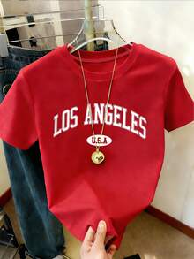 INAWLY 字母图案圆领T恤 女式上衣 - 紅色 - 查看 5