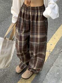 Dazy Tall Women's Tall Plaid Straight Leg Casual Pants