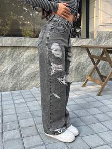 SHEIN PETITE 女士休闲日常通勤时尚街头做旧宽松阔腿牛仔裤 - 黑色 - 查看 8