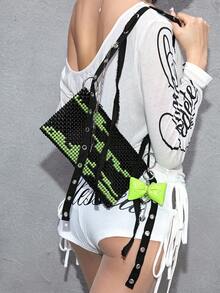 ROMWE Grunge Punk 编织肩带链条蝴蝶结串珠单肩包 - 綠色 - 查看 3