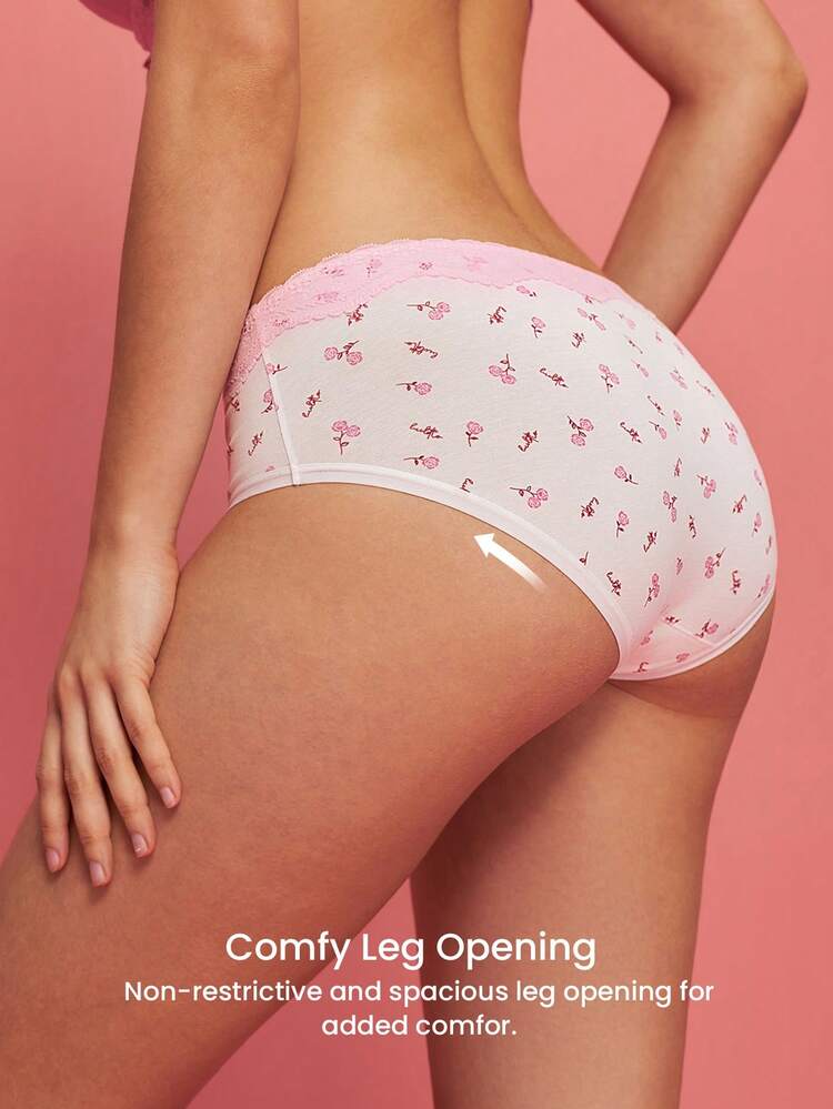 3-Pack Soft Cotton Basic Floral Print Lace Trim Mid-Waist Underwear Briefs