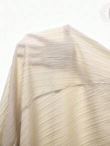 SHEIN 春/夏休閒度假風圓領開衩3/4袖亮片流蘇裝飾條紋印花拼接抓皺梭織提花連身裙杏色青少年女孩 - 杏色 - 查看 8