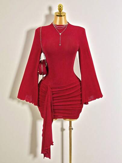 Mistrie Nuevo vestido sexy de mujer con mangas de murciélago y escote medio, vestido plisado con cintura ceñida, diseño de manga exagerado, atuendo para el Día de San Valentín, vestido para fiesta de San Valentín